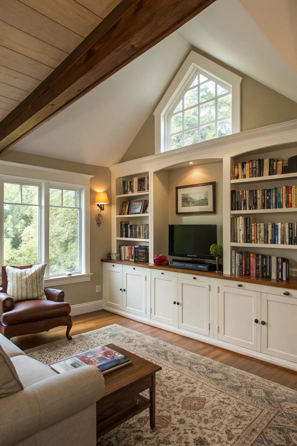 Smart storage solutions maintain the open feel of this vaulted ceiling living room.