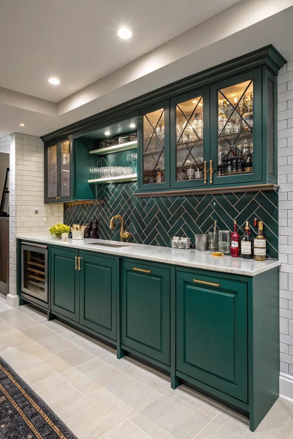 Audacious hutch shades effectuate a declaration inside your home bar.