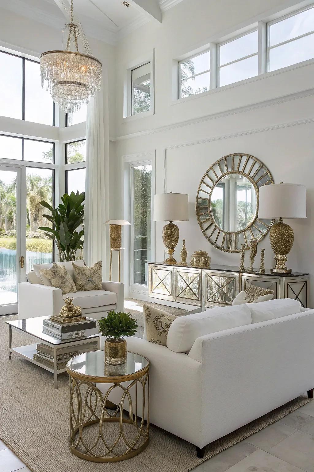 Metallic embellishments contribute a glamorous impression to a contemporary white lounge.