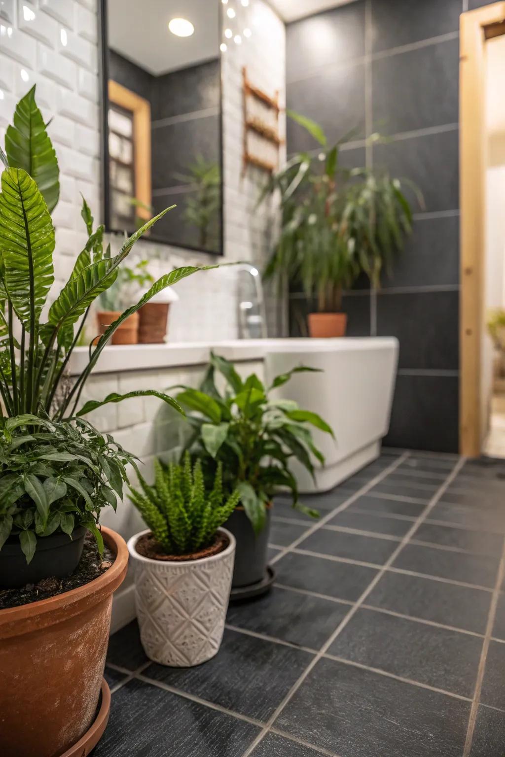 Botanical hints bring life and color to captivating bathrooms.