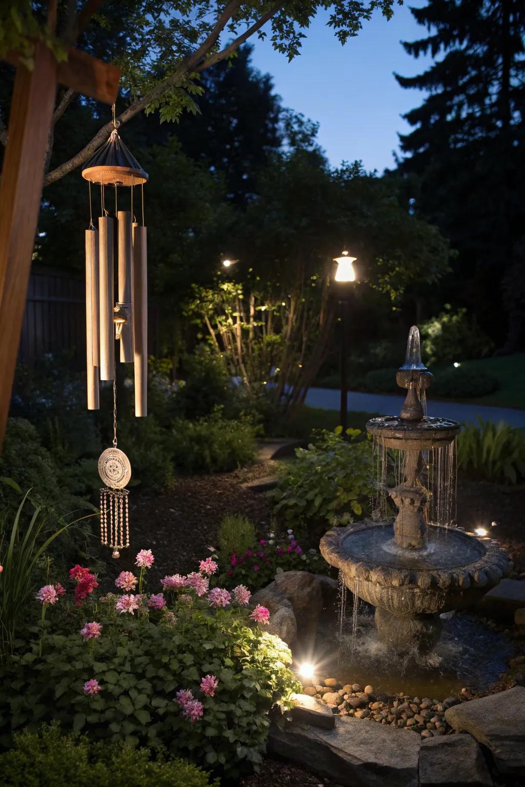Wind chimes and cascades introduce soothing sounds to the garden.