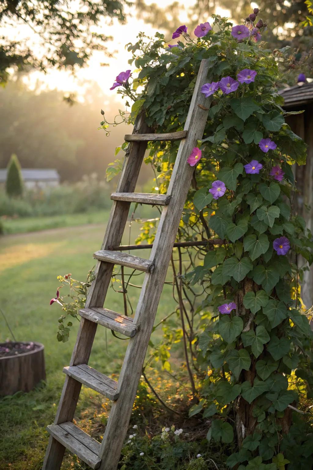 An old ladder upcycled into a stunning Heavenly trumpet framework.