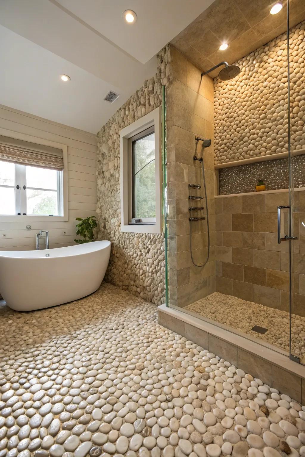 Establish a serene, spa-like ambiance through pebble mosaics.