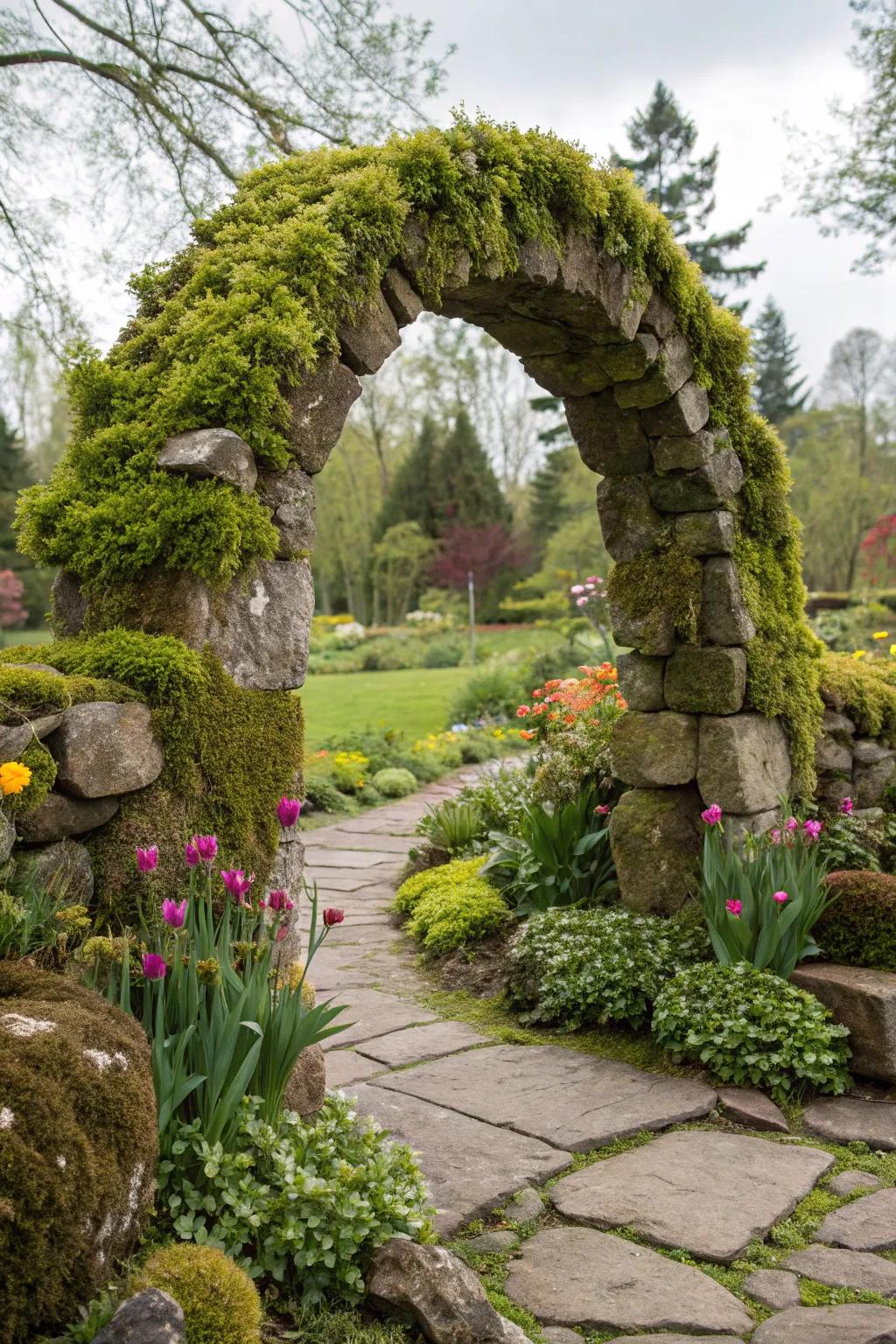 An impressive garden arch formed by algae-laden stones.