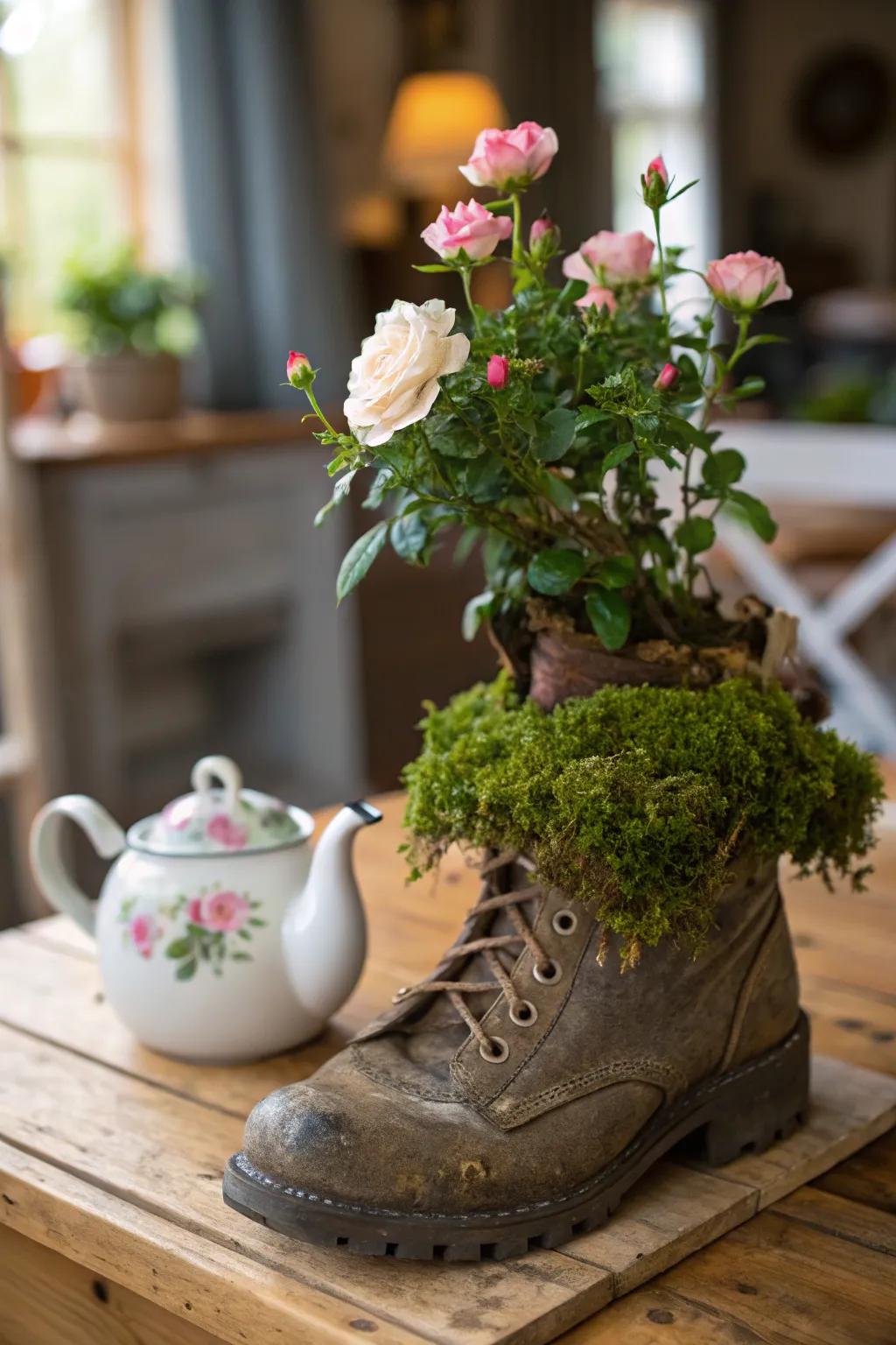 Quirky repurposed flowerpots host vivid sun roses.