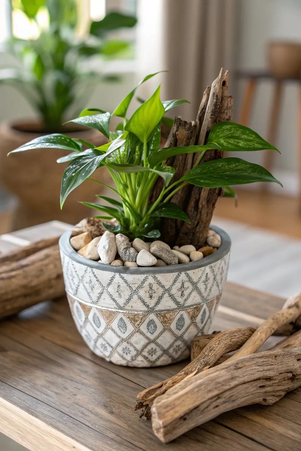 A nature-inspired flower pot incorporating organic elements.