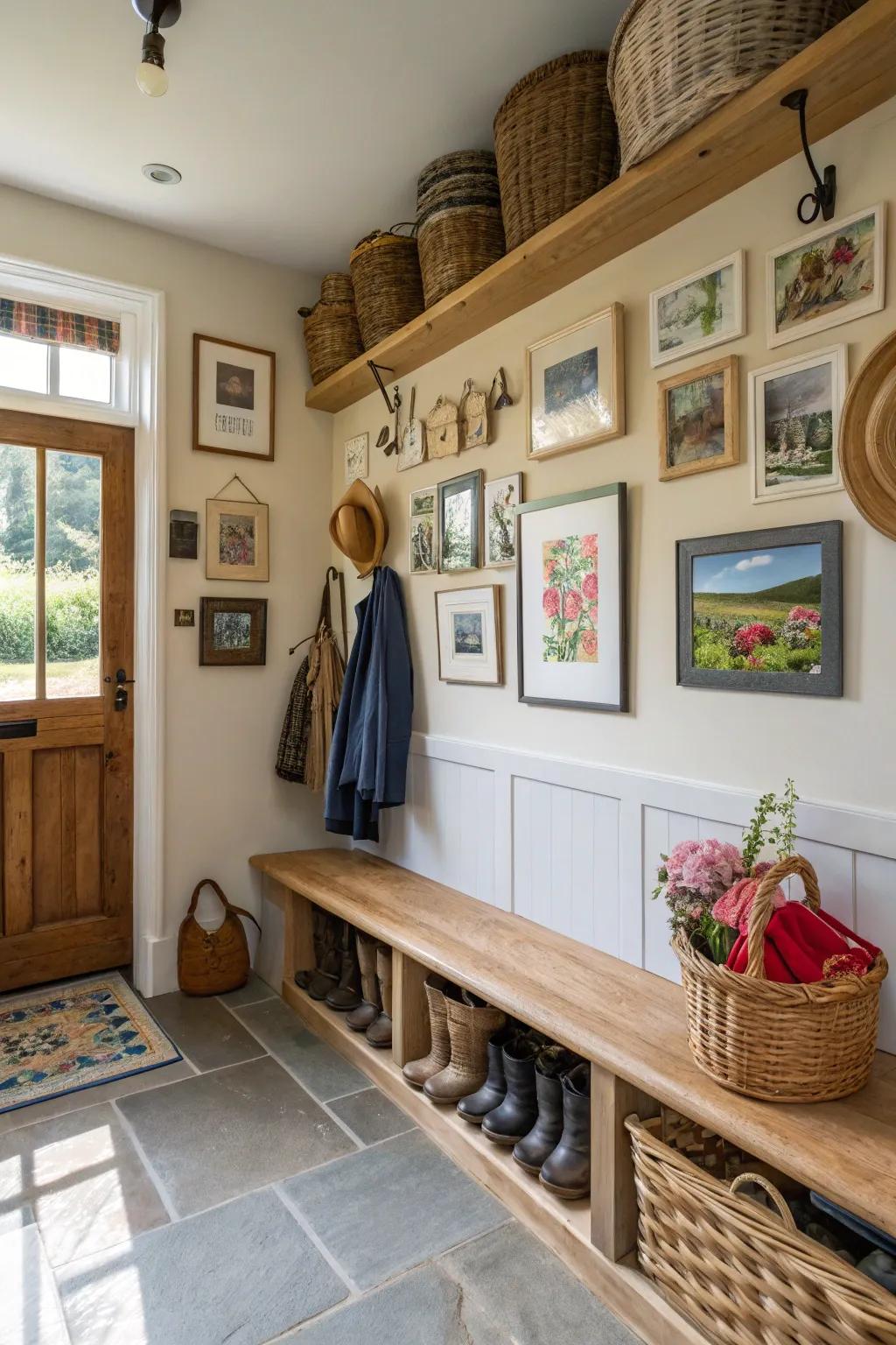An entryway enhanced with artistic creations and ornamental components for a personal flourish.