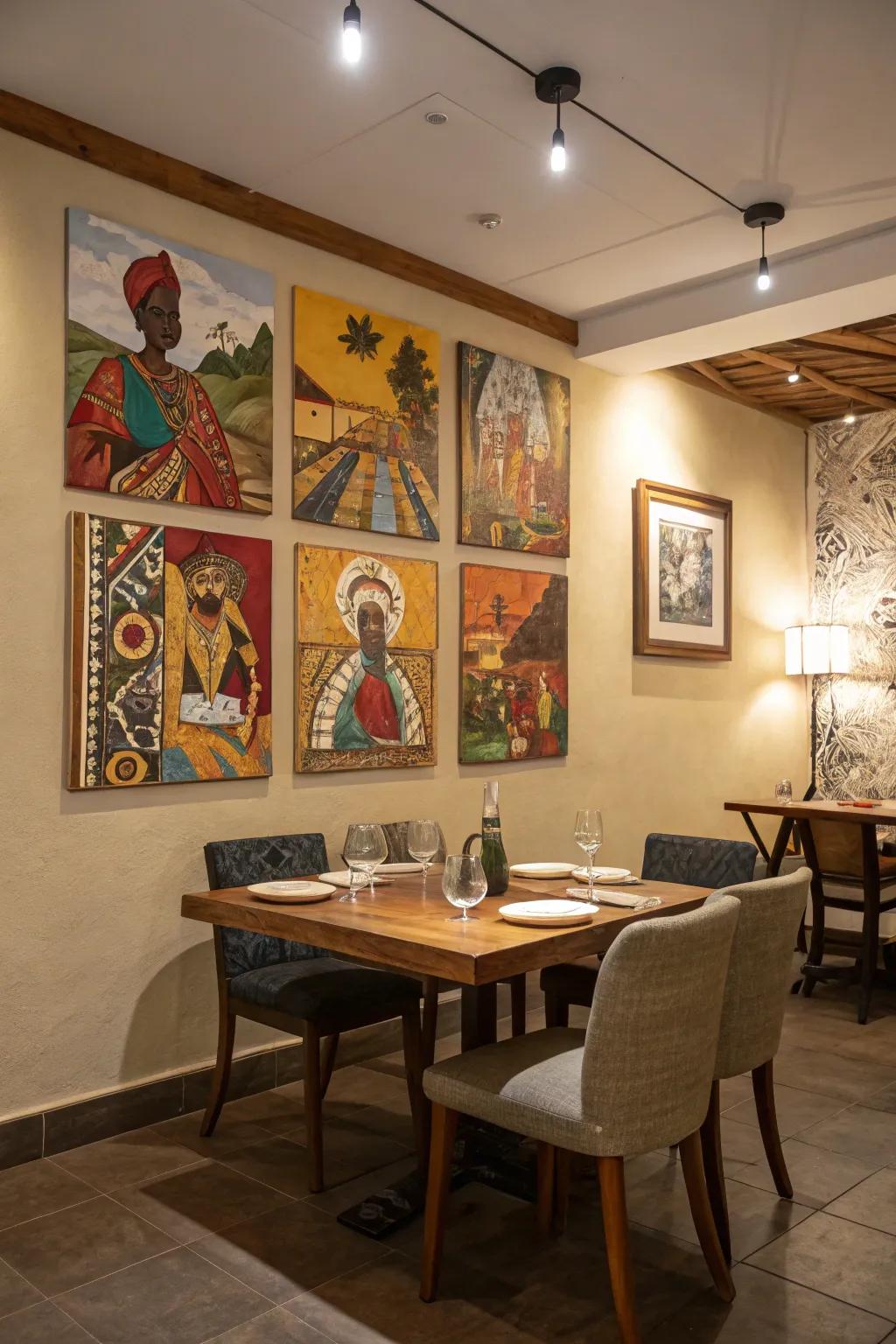 A cultural mosaic of worldwide motifs, sparking conversation in the dining area.