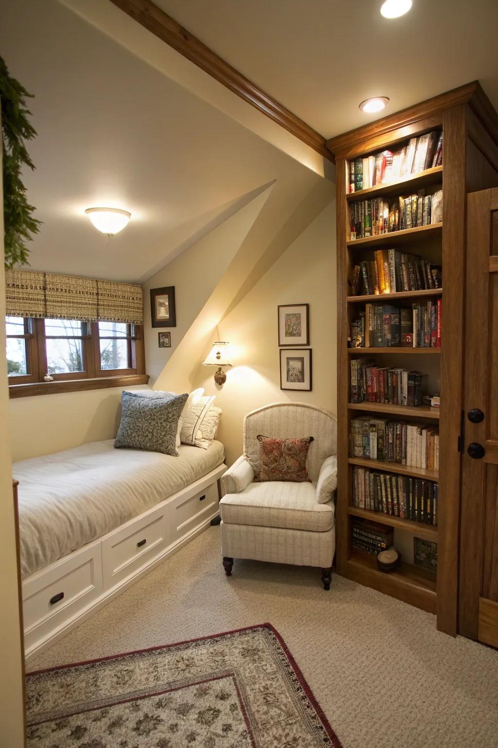 A cozy nook adds charm and practicality to a slender bedroom.