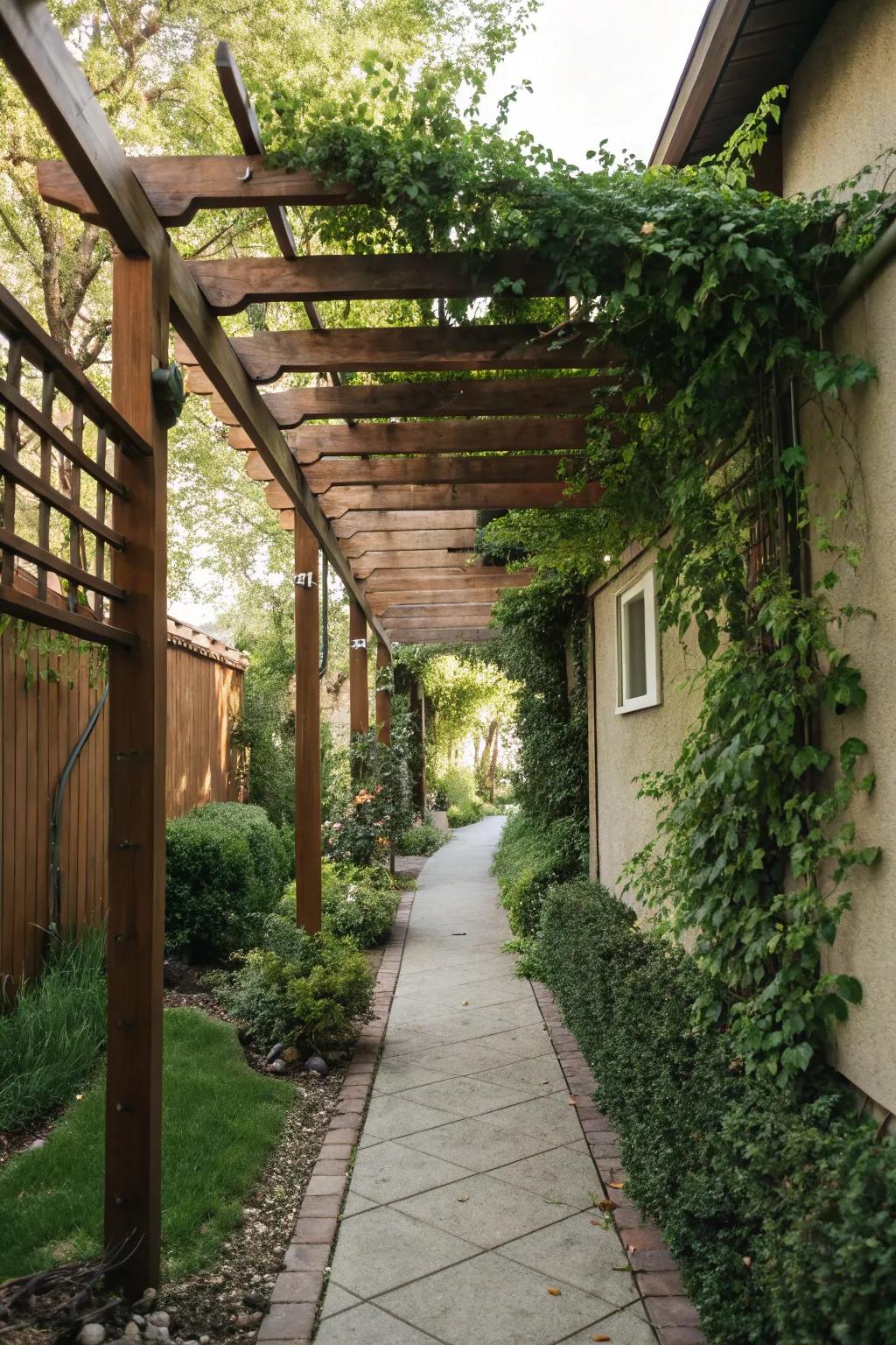 Overhead structures impart depth and shade to narrow spaces.