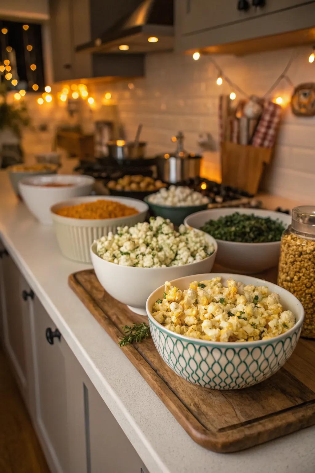An array of popcorn recipes prepared for tasting.