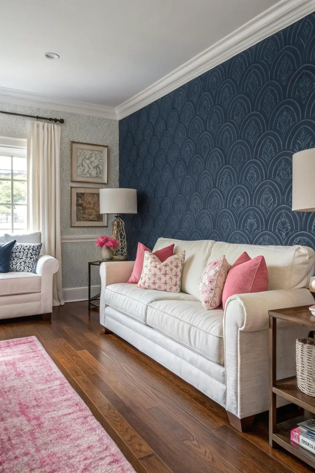 Textured sapphire wall covering brings dimension to the living room.