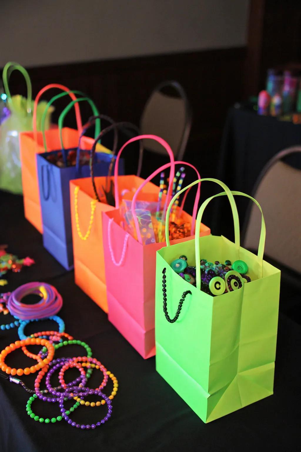 Radiant party favor bags packed with glow-in-the-dark goodies, keeping the party spirit alive.