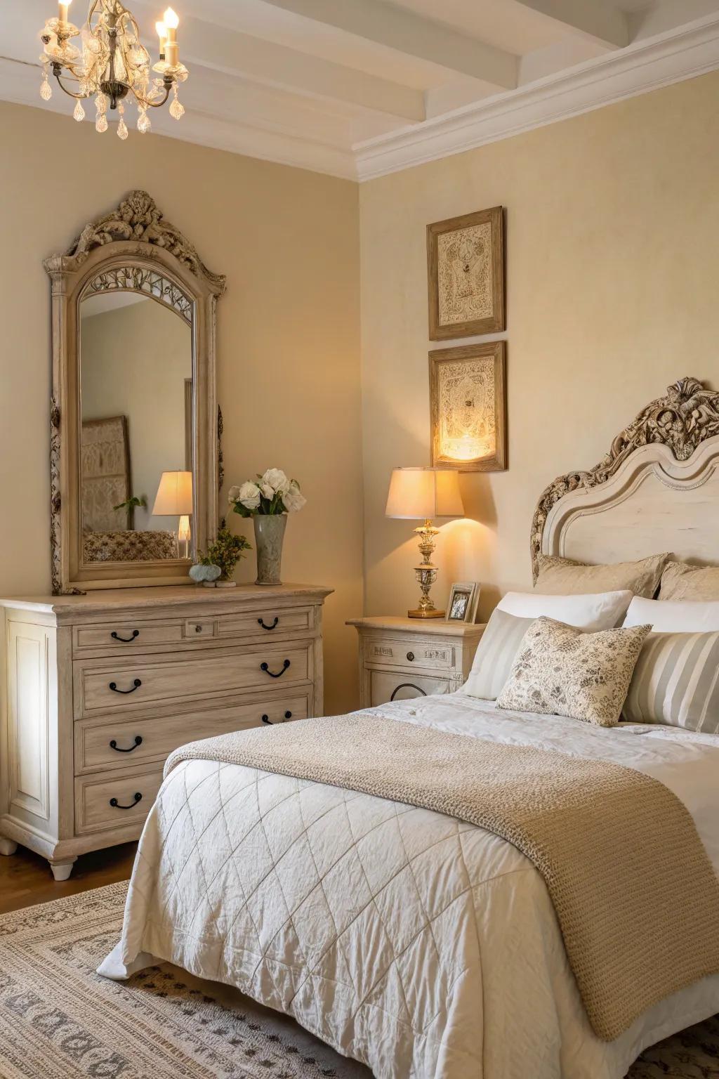 Antique elements add classic charm to the bedroom.
