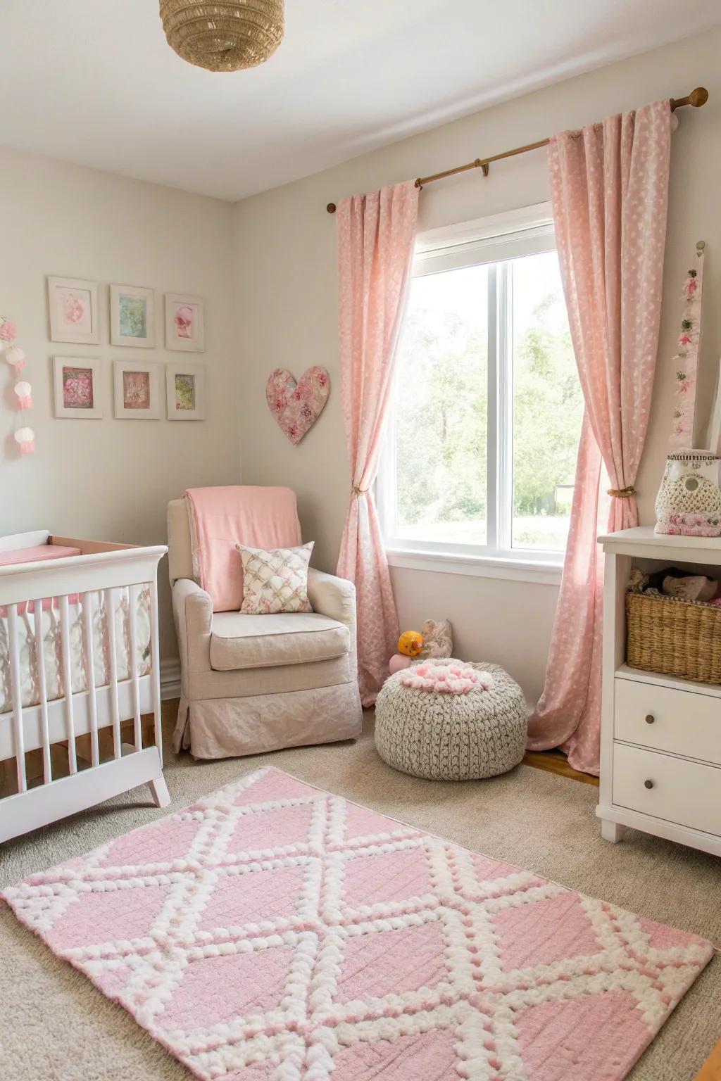 A nursery featuring soft light rose accents.