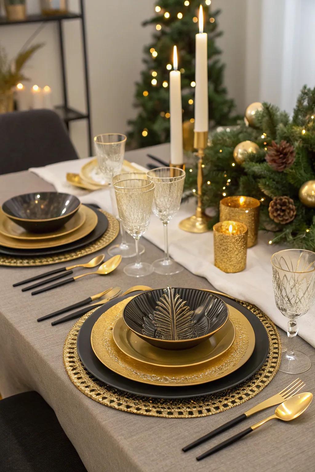 Celebratory table settings in gilded and dark shades create an elegant dining experience.