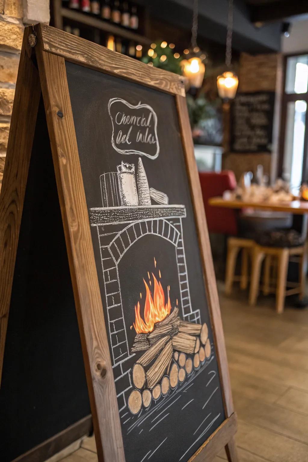 A comforting blazing chalkboard scene that invites warmth and relaxation.