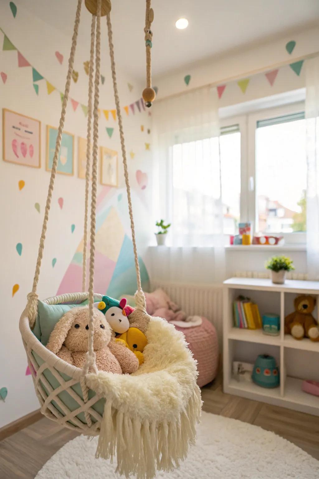 A fun swing for storing stuffed animals in the nursery.