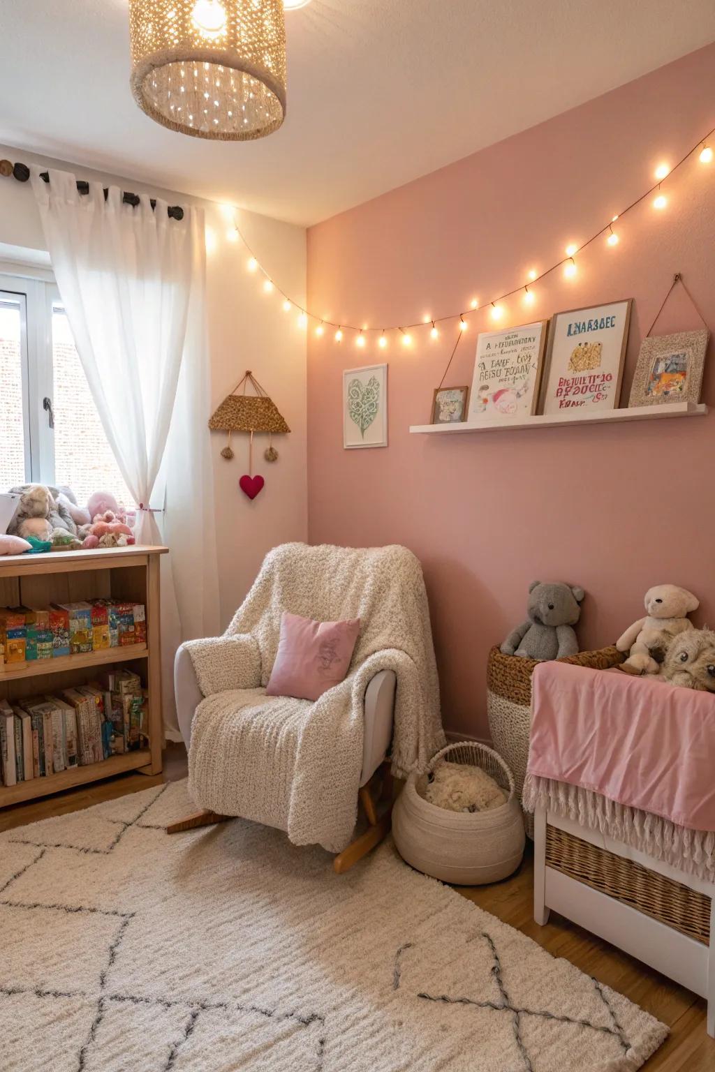 A warm and comforting nursery featuring gypsum rosé walls.