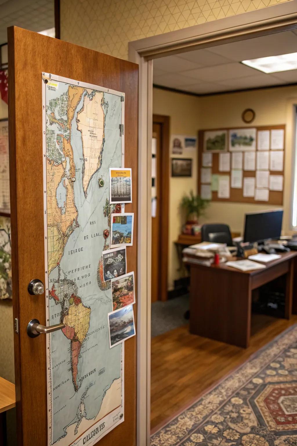 Travel back in time with a vintage travel-themed door.