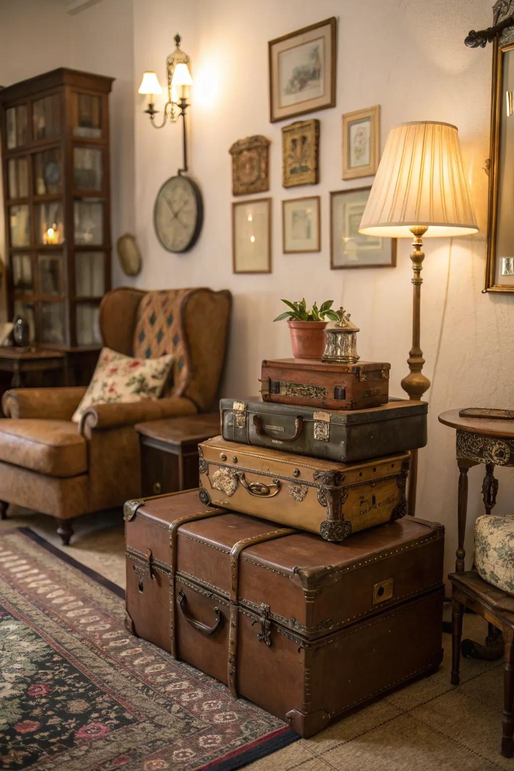 Vintage suitcases offer quirky storage solutions.