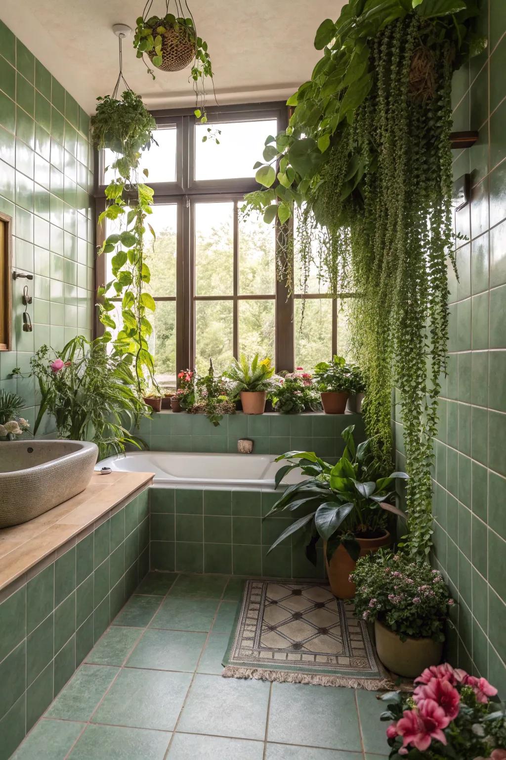 A spa-like bathing space with botanical-inspired leafy green tiles.