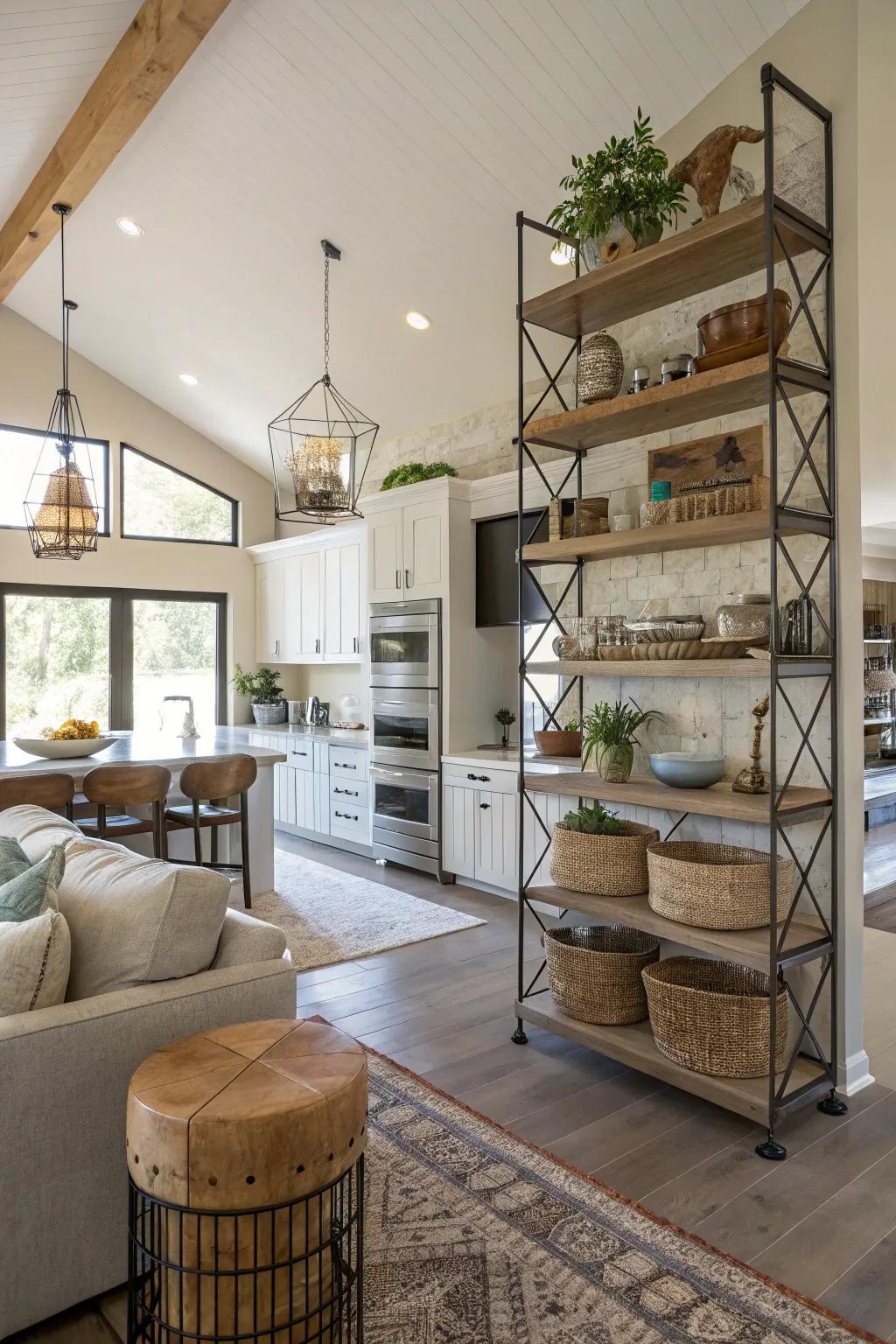 Vertical space is maximized with soaring shelves and suspended components.