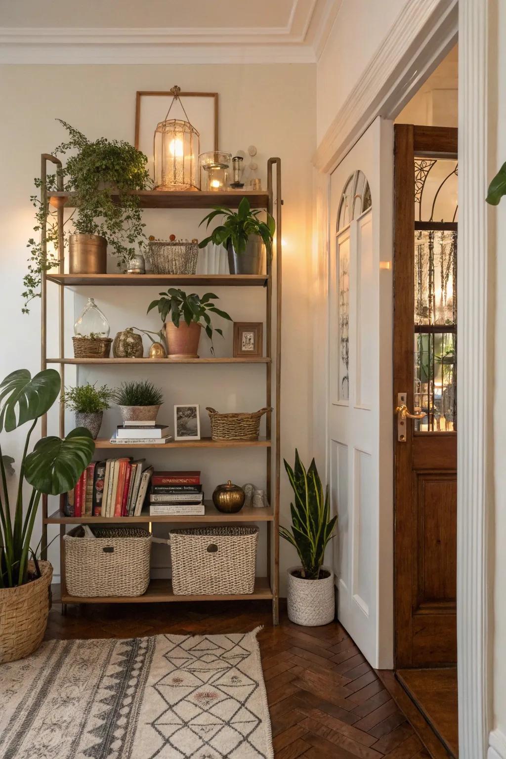 Shelving combines utility with display, perfect for personal treasures within the entryway.