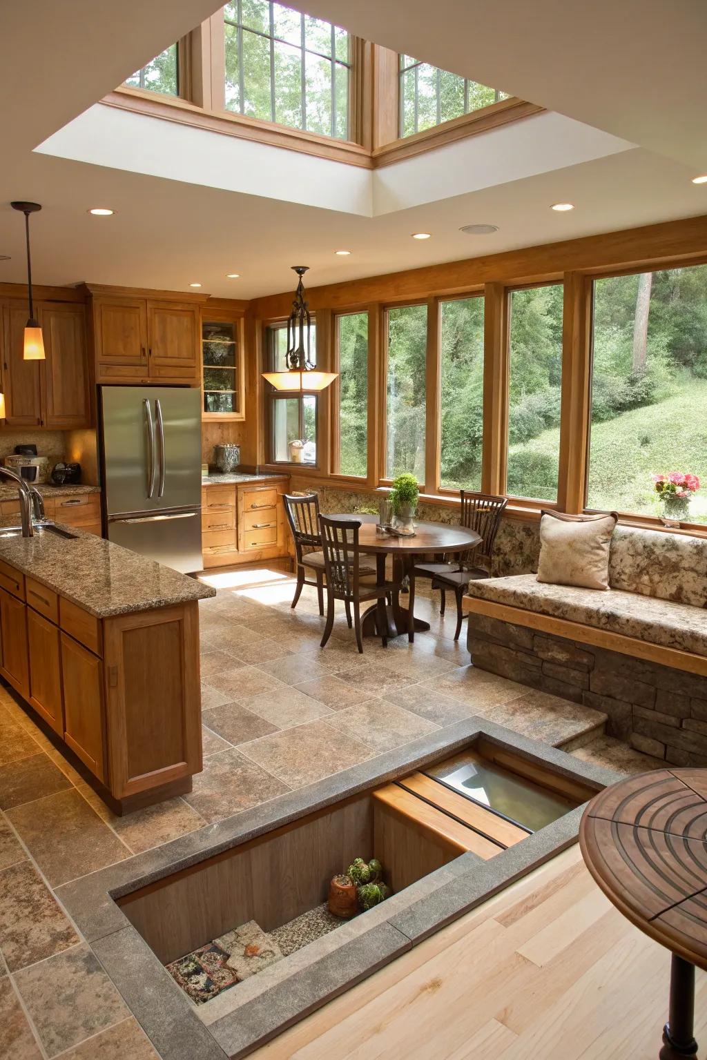 A submerged flooring introduces a distinct, snug touch to the cooking space.