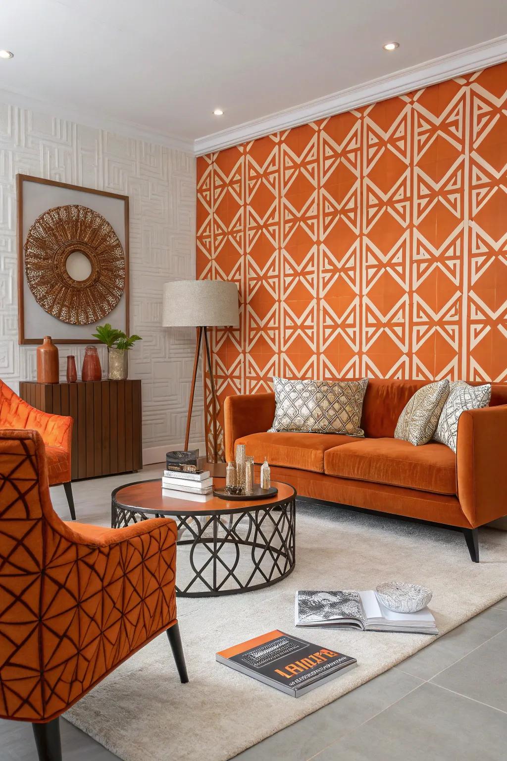 A chic living room showcasing geometric patterns and designs.