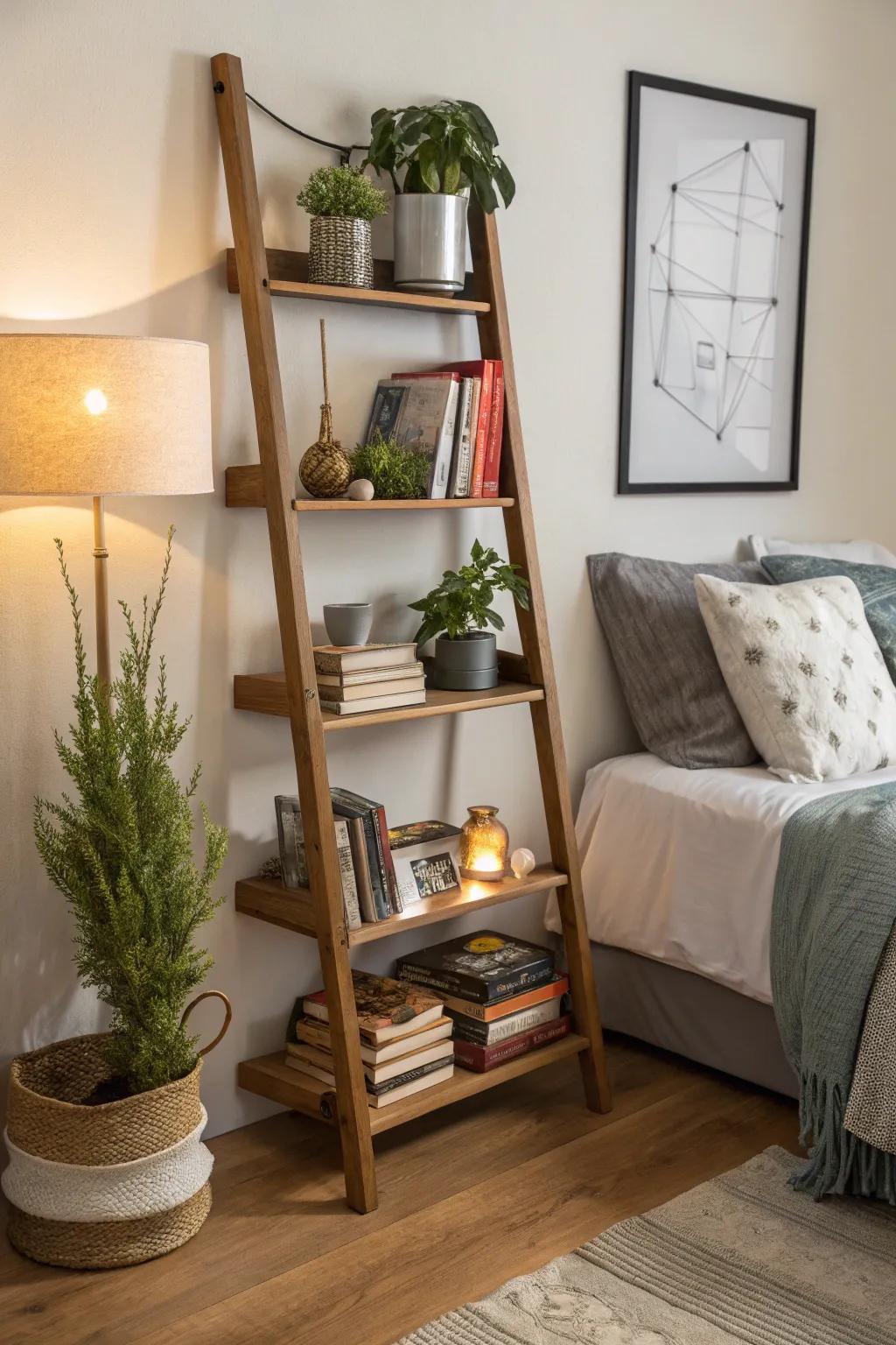 Ladder shelves deliver vertical storage with flair.