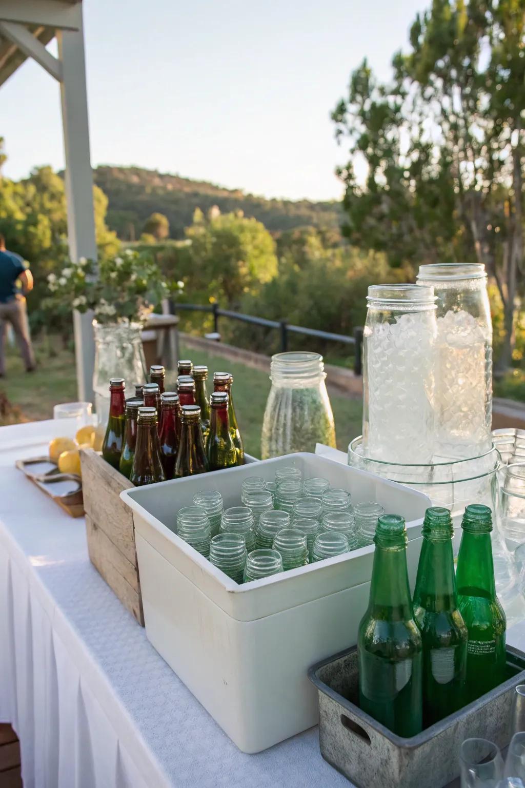 Reclaimed glassware contributes ecologically sound charm to your arrangement.