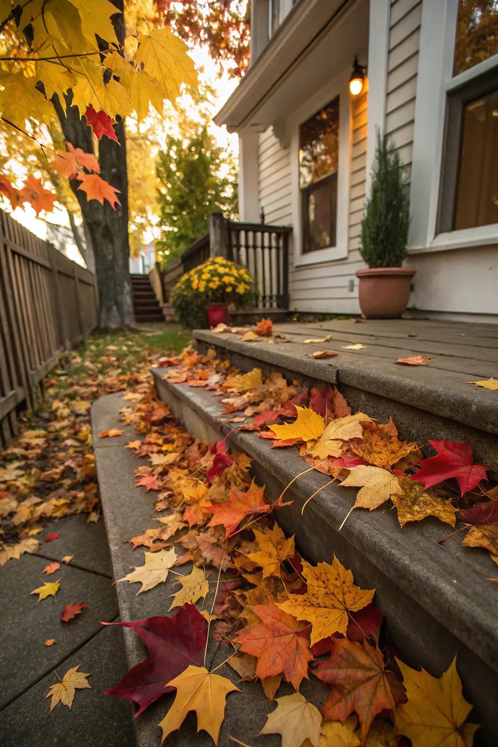 Scattered autumn foliage introduces a vibrant and natural touch to the steps.