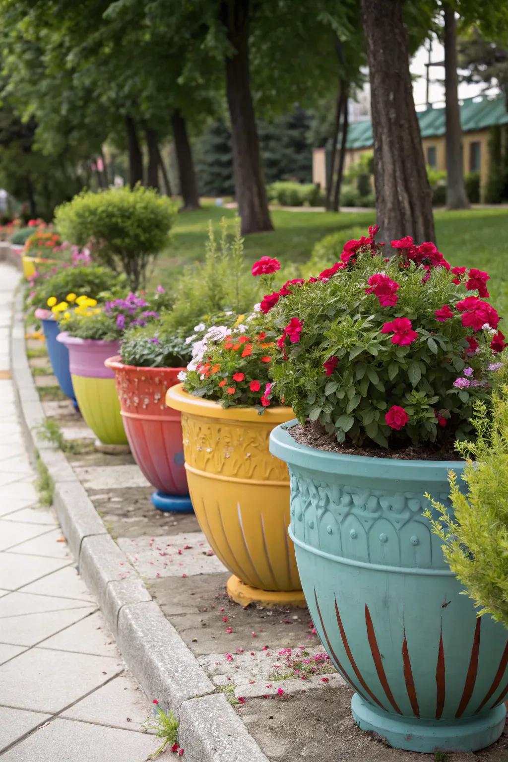 Vivid clay vessels bringing vibrancy to the garden.
