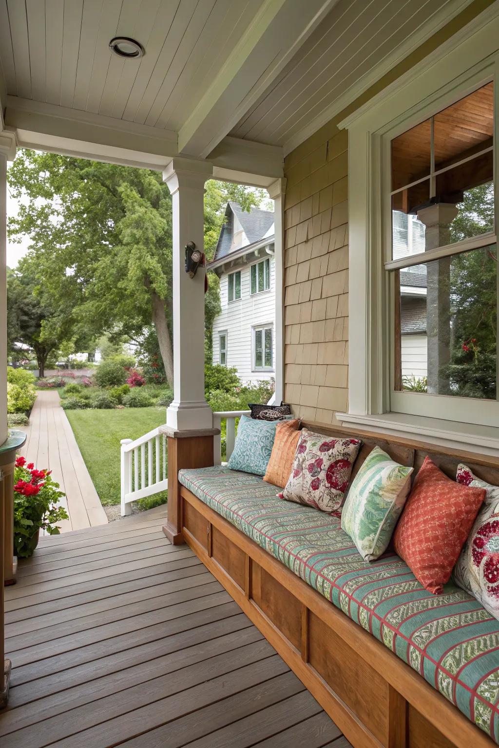 Integrated seating efficiently utilizes expanse while furnishing comfort.