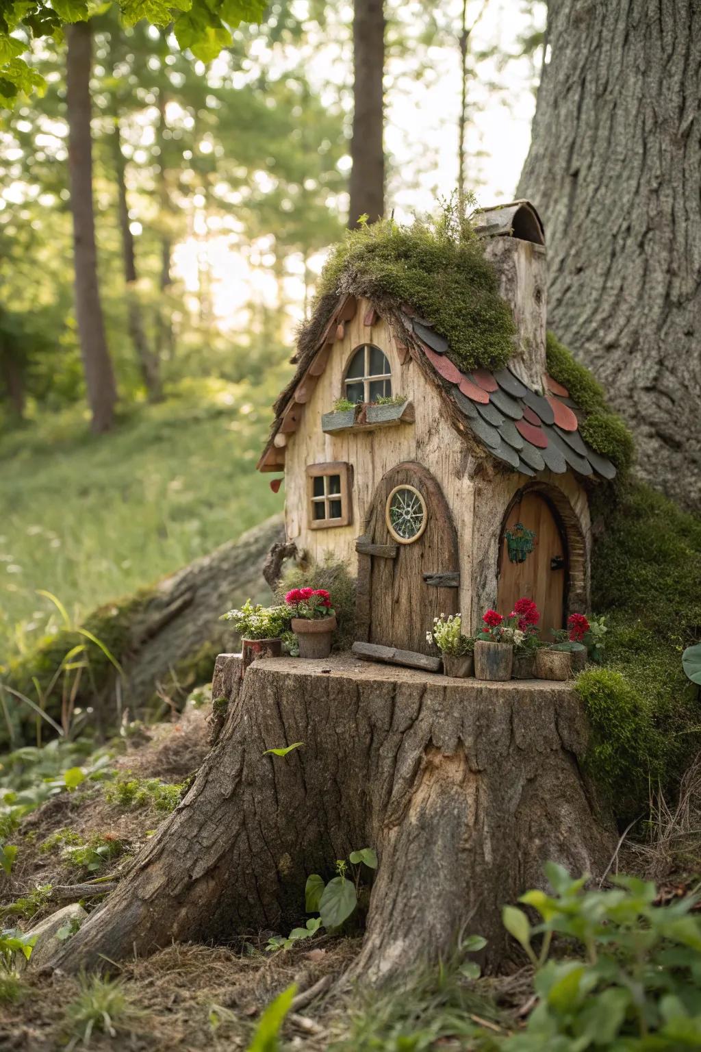 A pixie dwelling on a stump appends magic and whimsy to the garden.