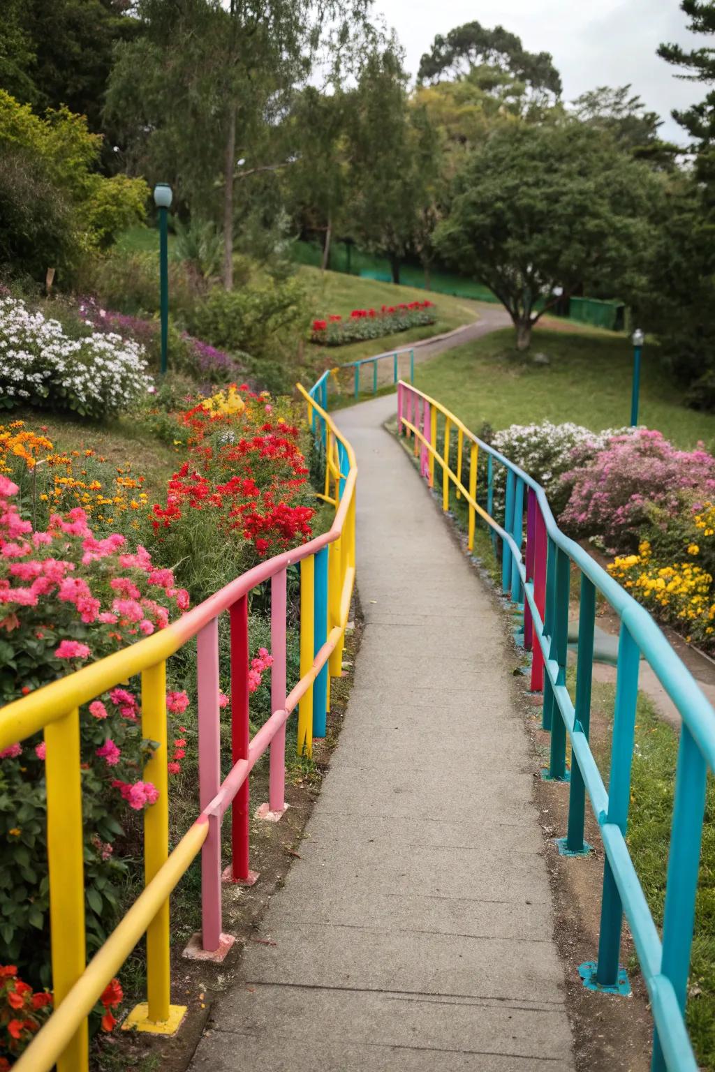 Vibrantly painted boundaries add a playful detail to garden routes.
