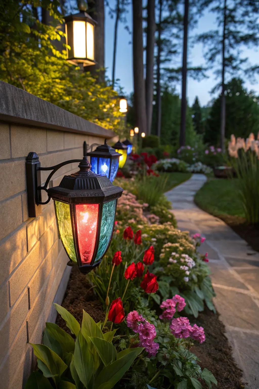 Colored glass introduces a whimsical flair to outdoor illumination.