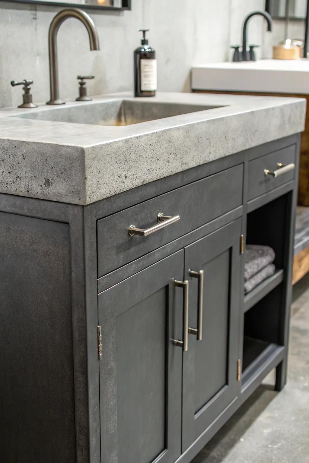 Charcoal gray vanities offer a manufacturing edge.