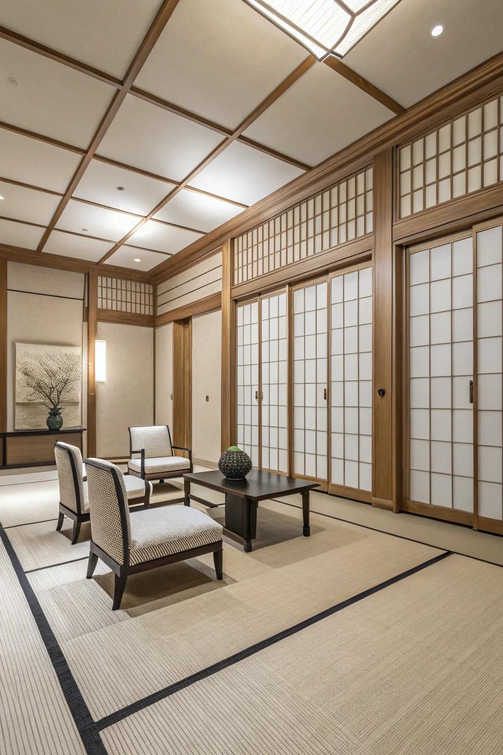 Room showcasing sophisticated minimal line panel designs.