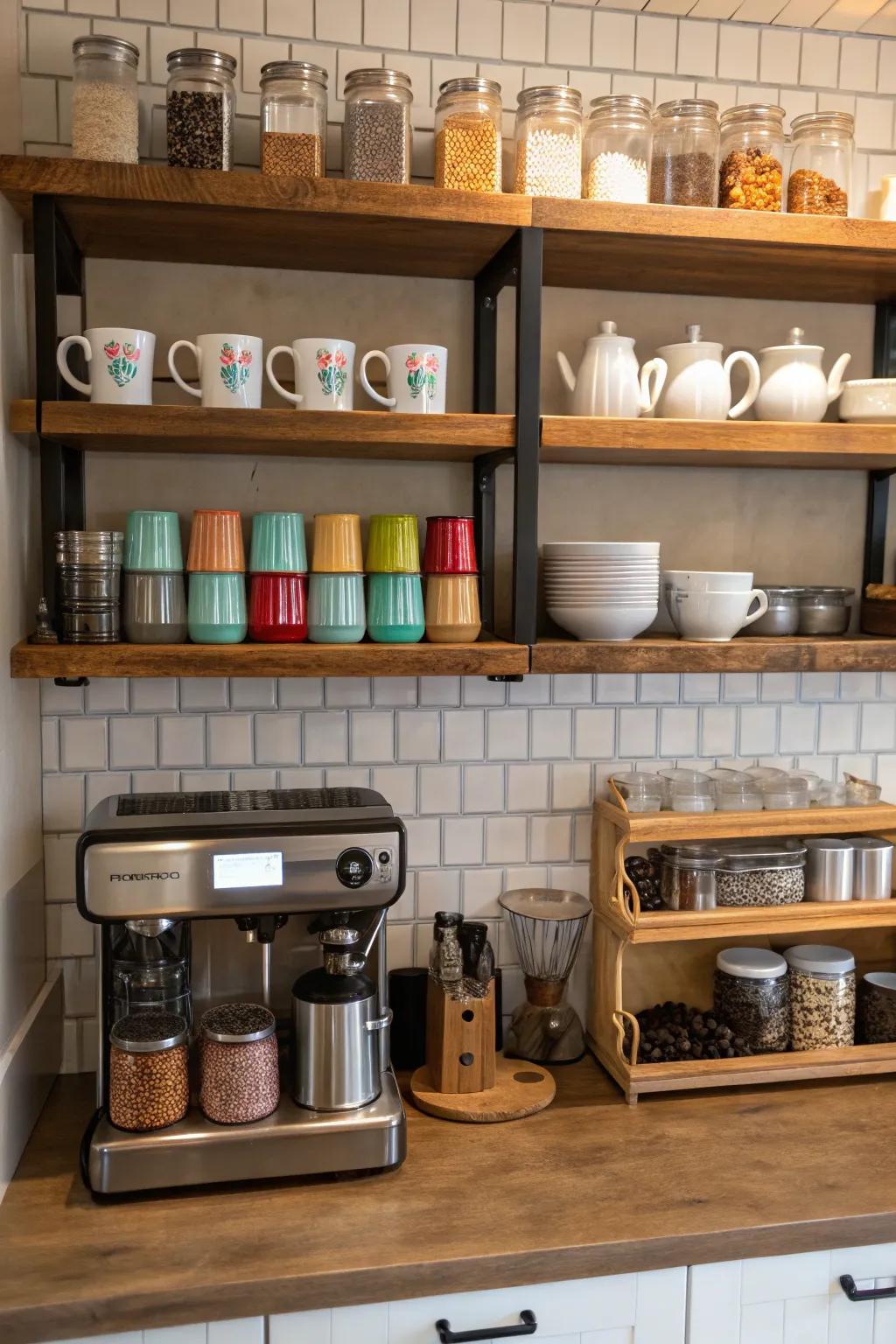 Floating shelves invite openness and beautifully exhibit your favorite mugs.
