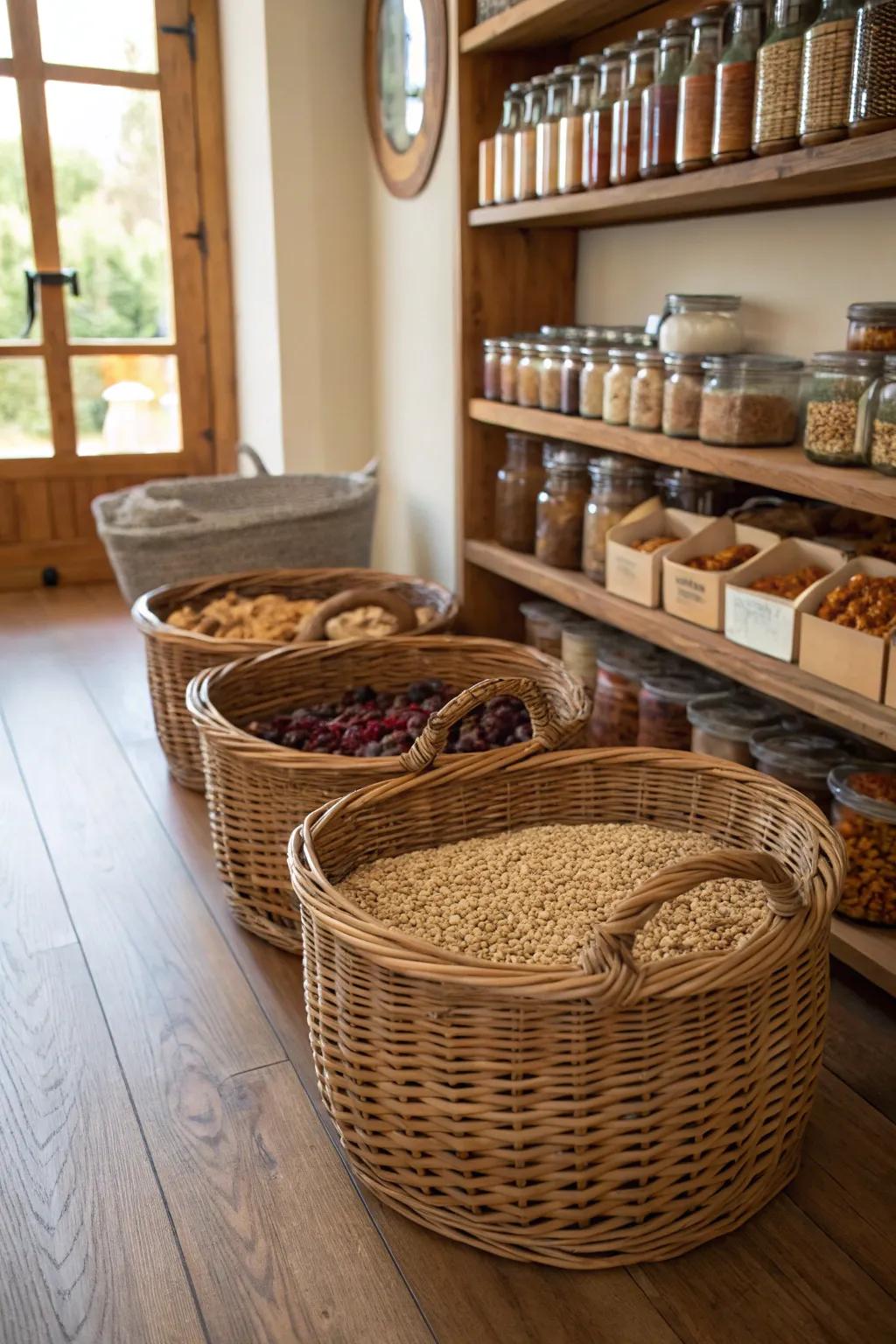 Large ground baskets inside a pantry provide storage for bulk articles and simple access.