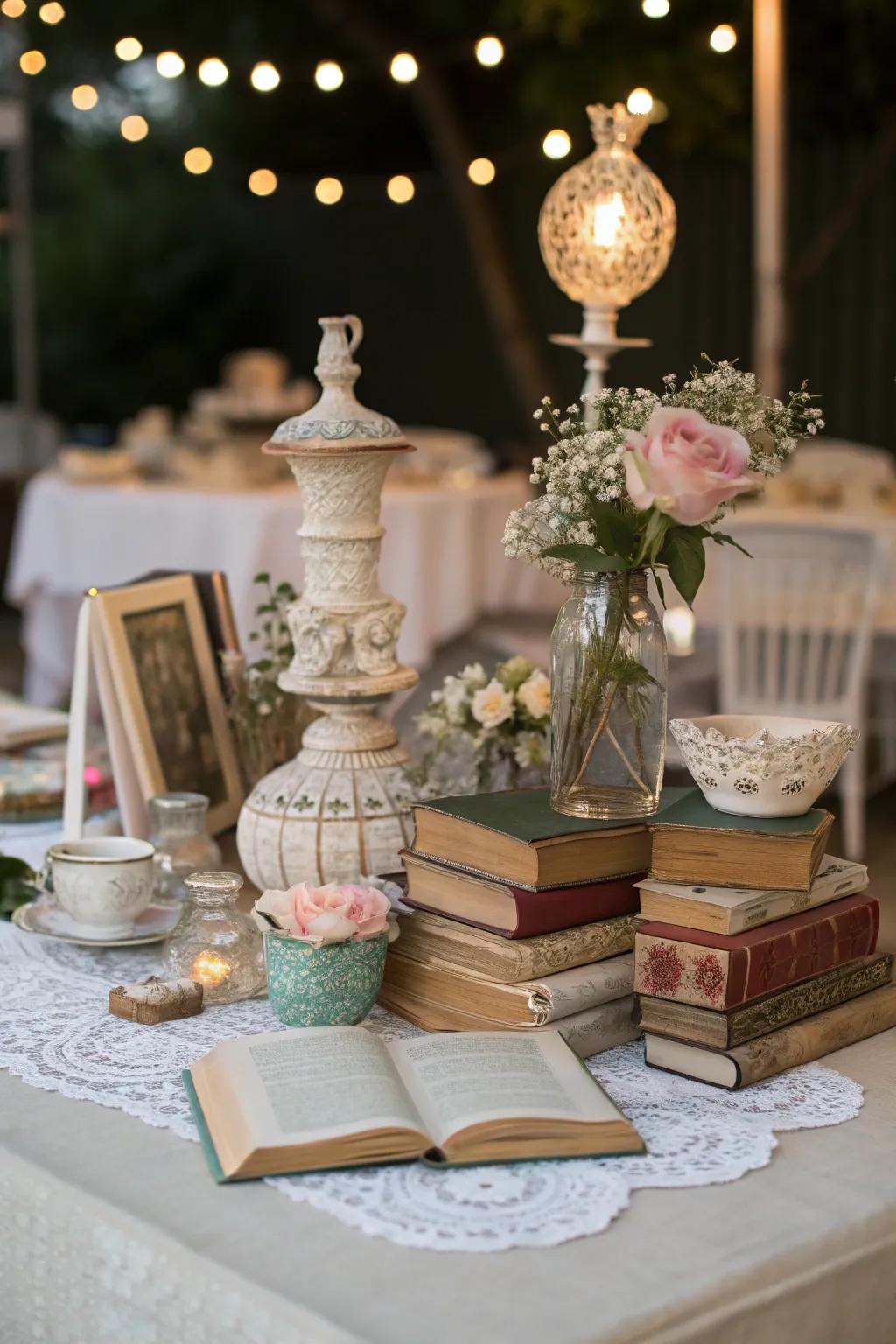 Unconventional materials like books adding character to the centerpiece