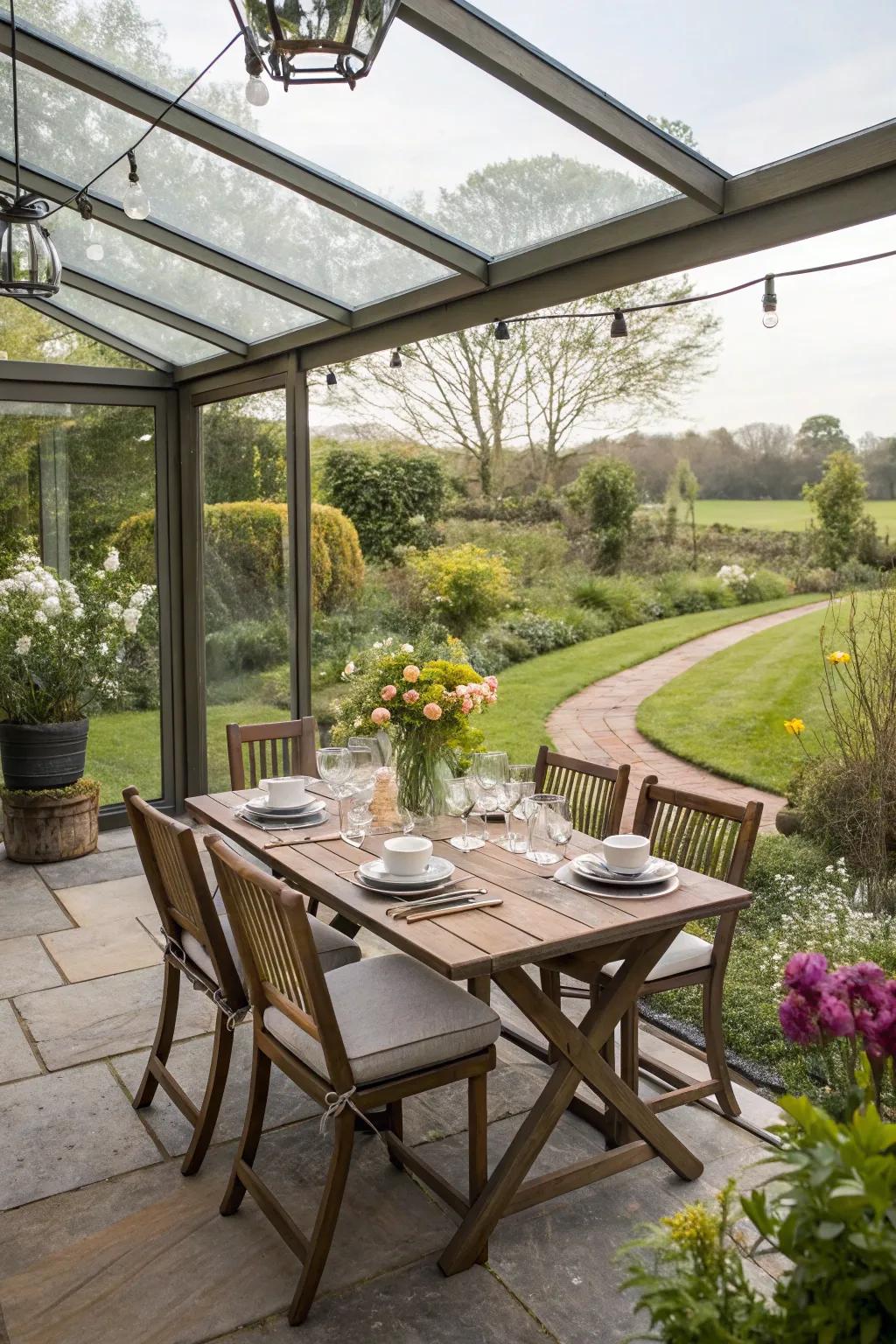 Dine alongside nature in a stunning open-air eating setup.