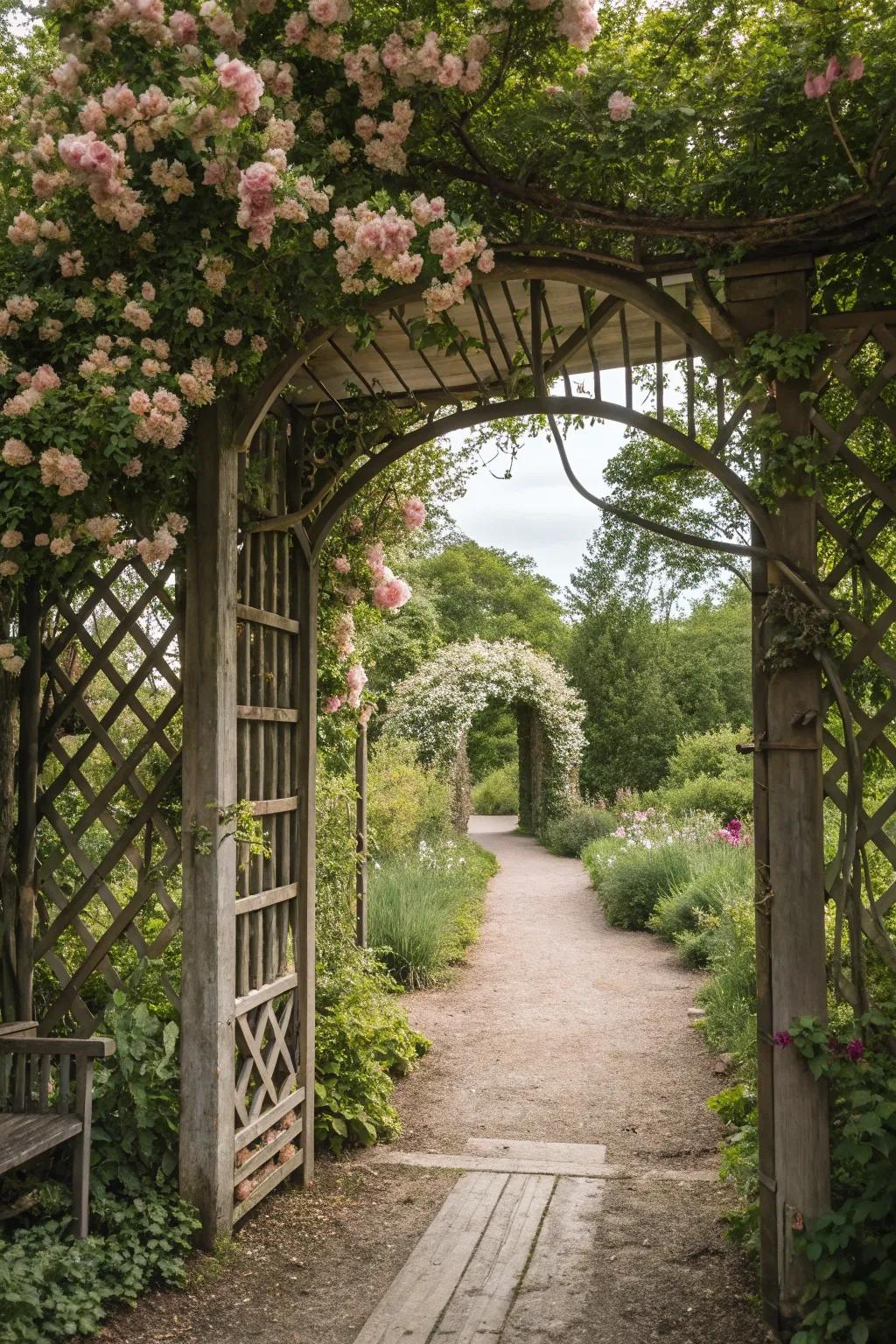 An alluring fretwork gate entices exploration within your garden.