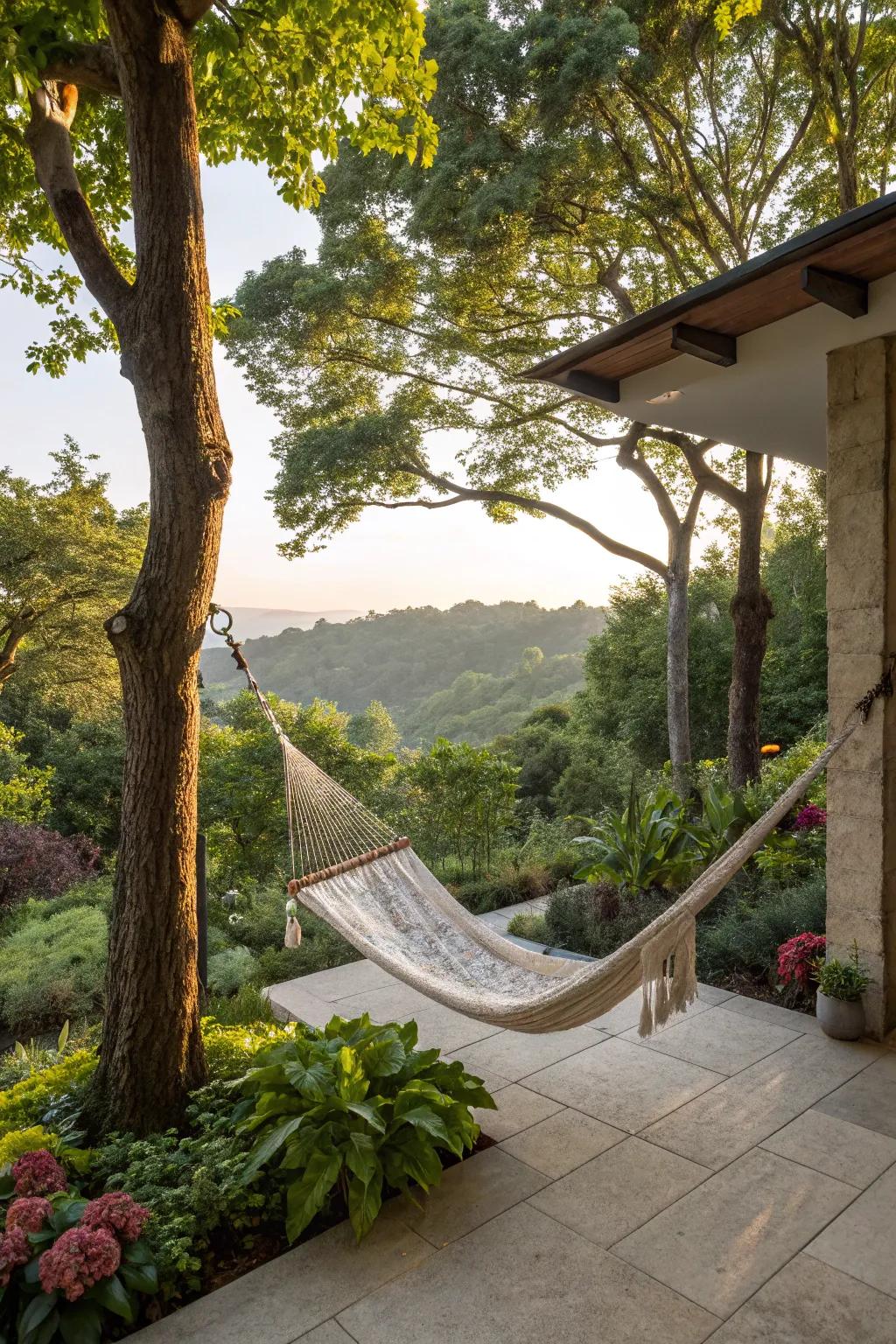 A swing or hammock appends a lighthearted and relaxing vibe to your patio.