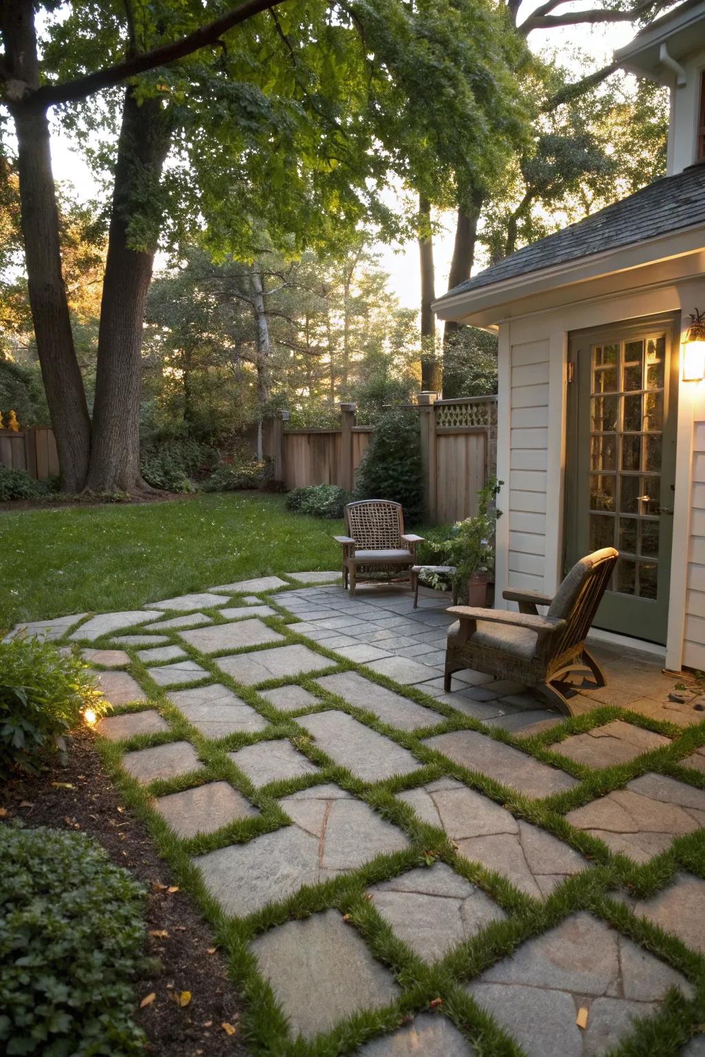 Different zones on a patio are defined by the use of pavers and greenery.
