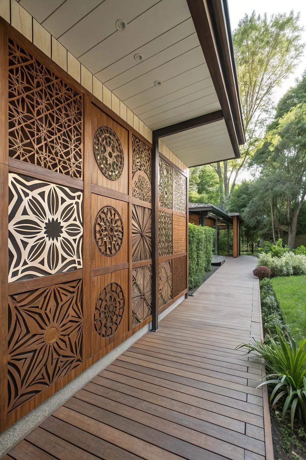 A modern patio wall featuring geometric timber board art.