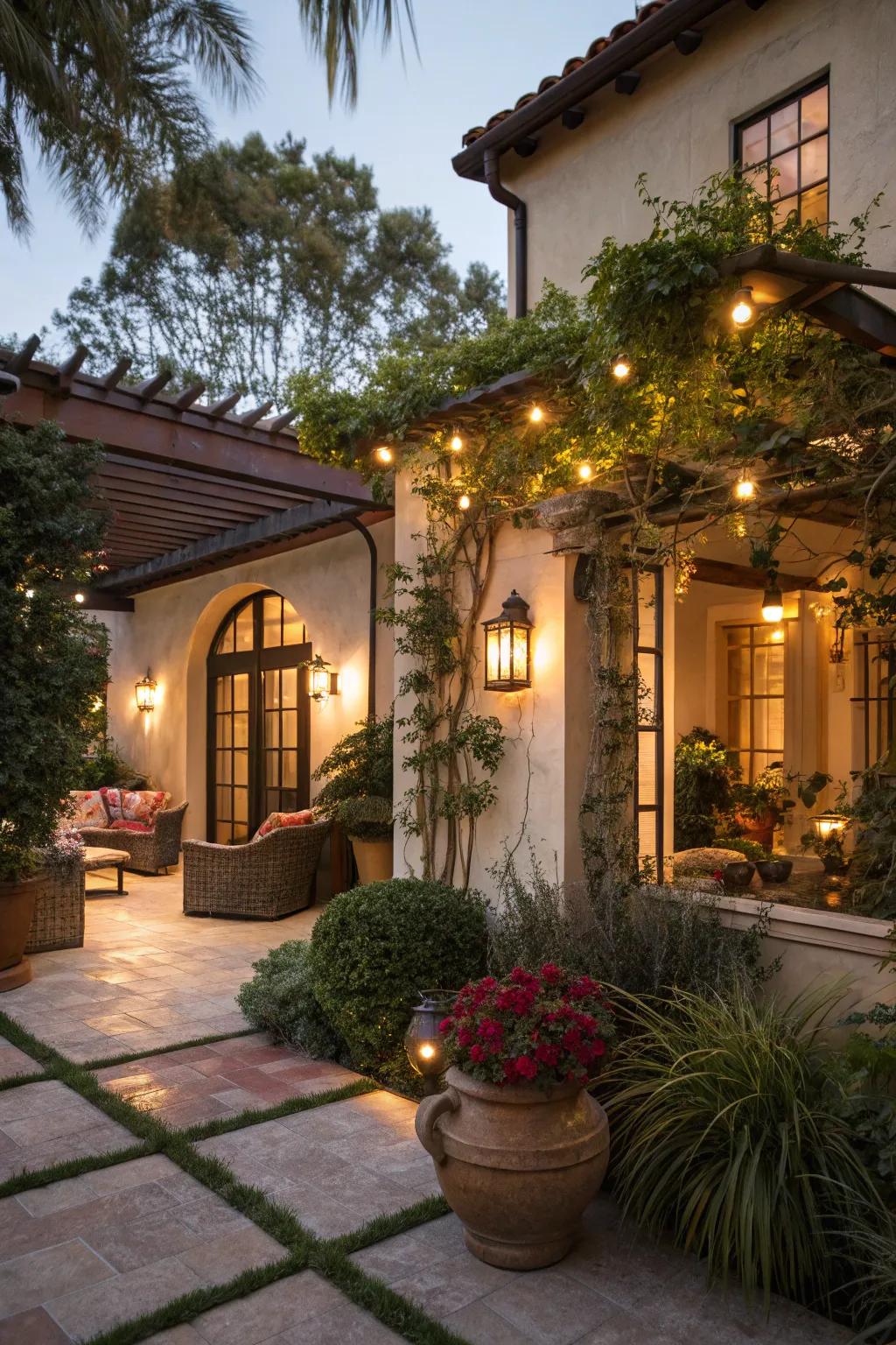 Spotlights emitting a stunning radiance on patio flora.