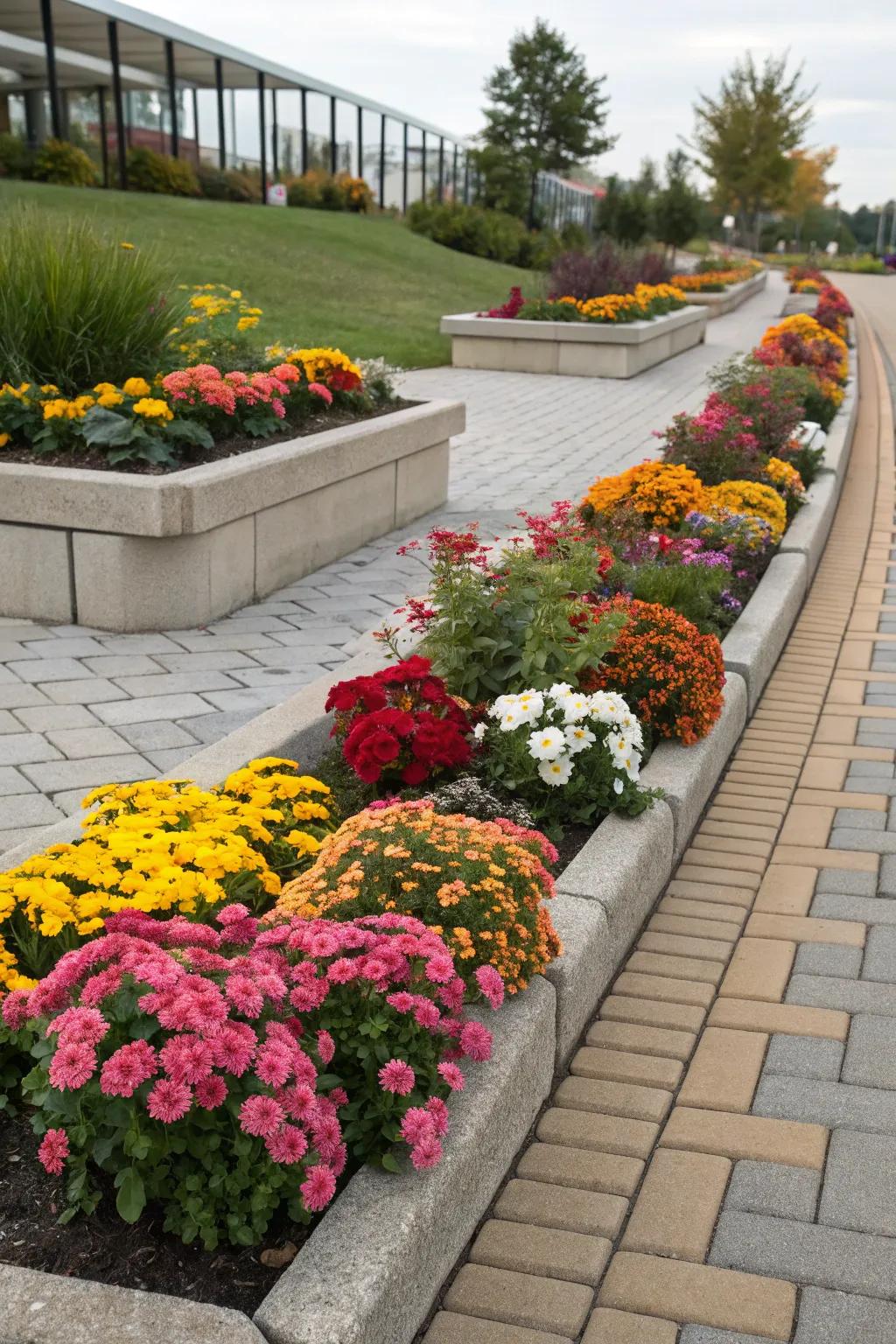Showcase seasonal blooms with colorful paver beds.